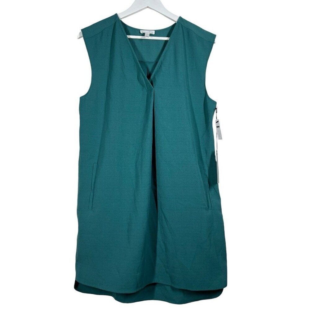Leith Shift Dress Size‎ S Teal Blue Boxy Pockets V-Neck Woven Pleat Detail NWT